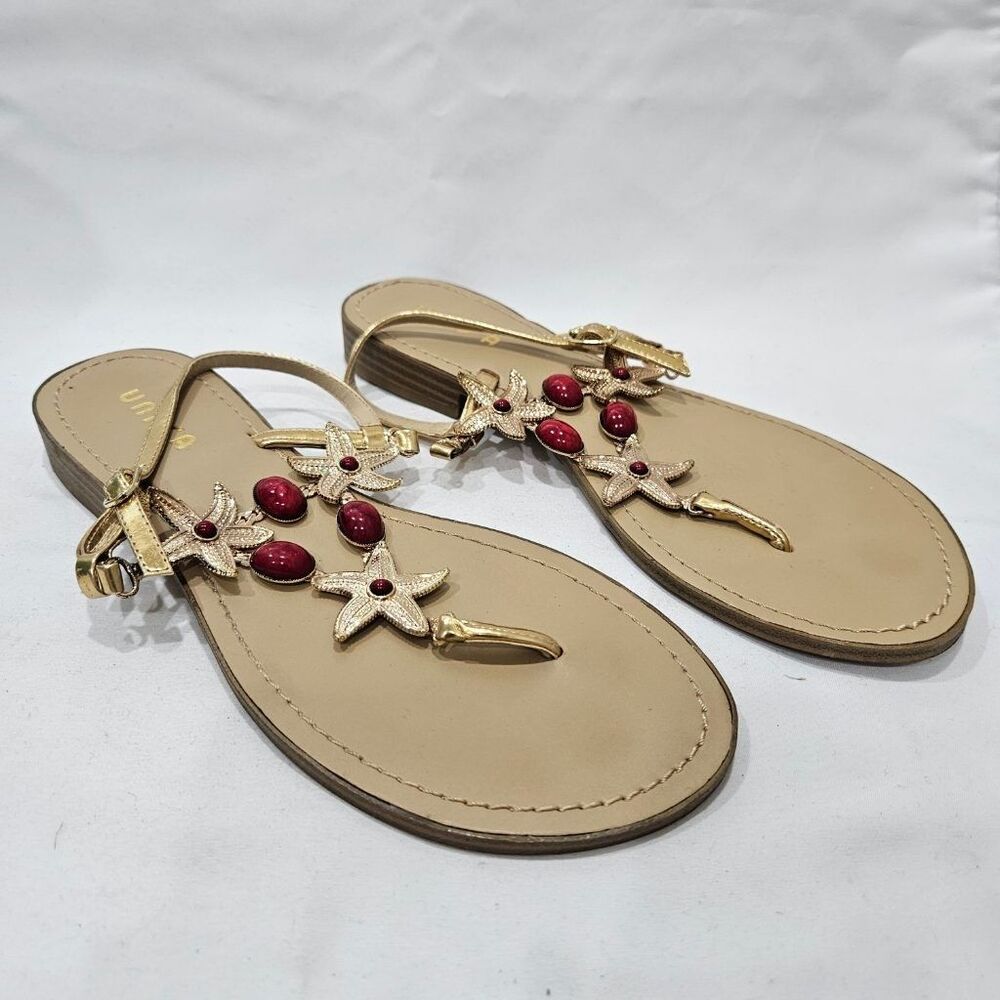UNISA Gold Starfish Thong Sandals Red Cabochon T-Strap Beach Flat Size 8M